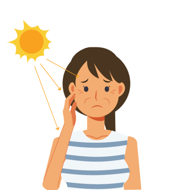 Solens stråler skinner på en kvinnes hud, forårsaker skade og øker risikoen for hudkreft.