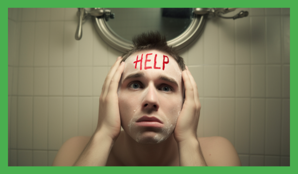 Worried man, help written in red text on forehead