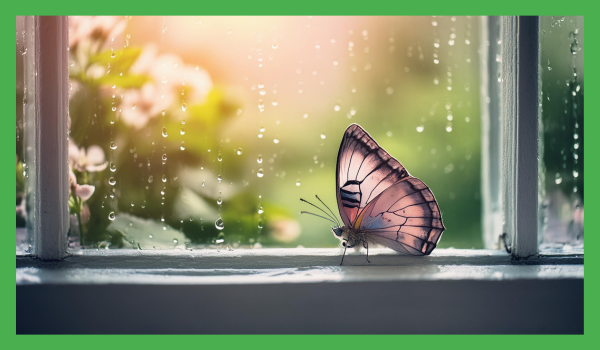 A butterfly inside a window on a rainy day