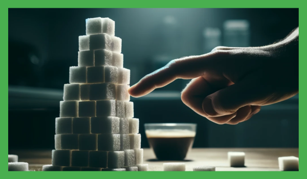 A finger pointing towards a tower of sugar cubes