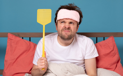 Man in bed with fly swatter