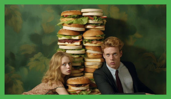 Man and woman with huge stack of sandwiches